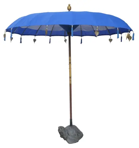 Artikelbild des Artikels “Bali-Schirm , türkis mit Holzmünzen und Blattgold am Rand. Ca. 230cm Durchmesser und 250cm Höhe “